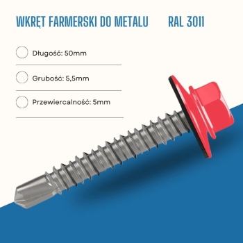 Wkręt farmerski do metalu 5,5X50 mm przewiercalność 5 mm w kolorze RAL 3011